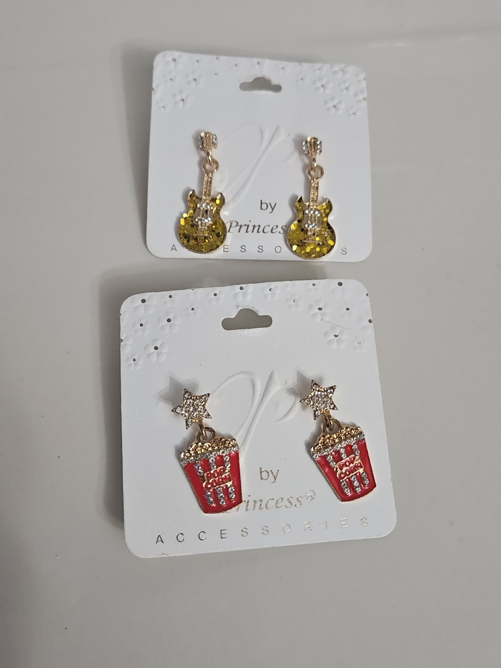 New Gold Guitar & Red Popcorn Rhinestone Earrings Set by Princess